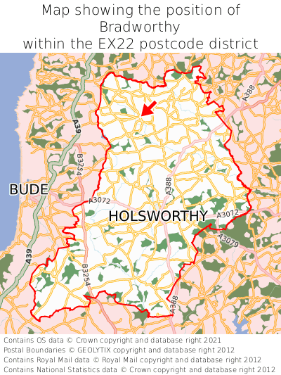 Map showing location of Bradworthy within EX22