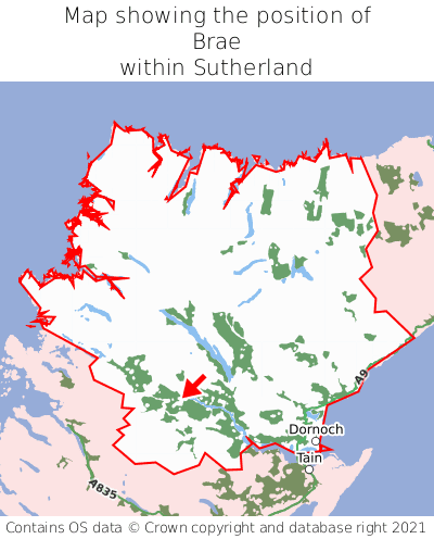 Map showing location of Brae within Sutherland