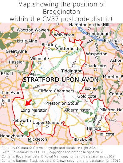 Map showing location of Braggington within CV37