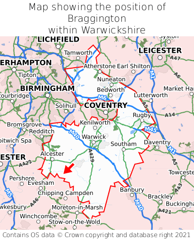 Map showing location of Braggington within Warwickshire
