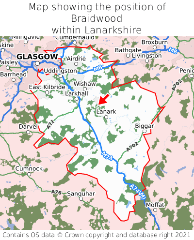 Map showing location of Braidwood within Lanarkshire