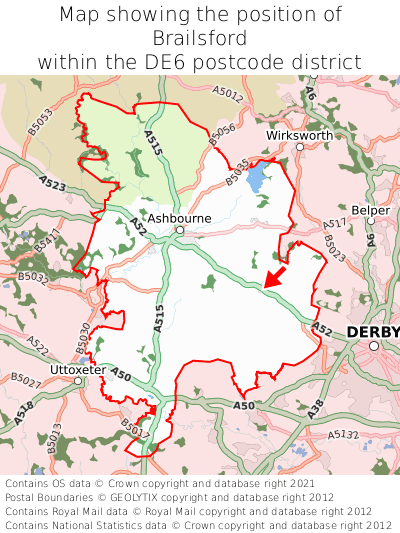 Map showing location of Brailsford within DE6