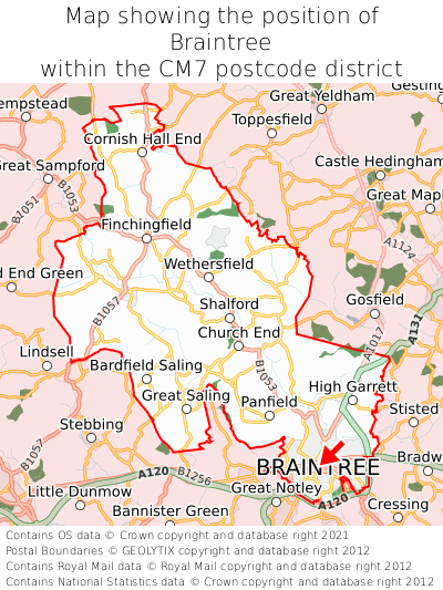 Map showing location of Braintree within CM7