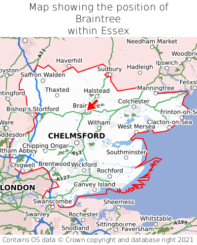 Map showing location of Braintree within Essex