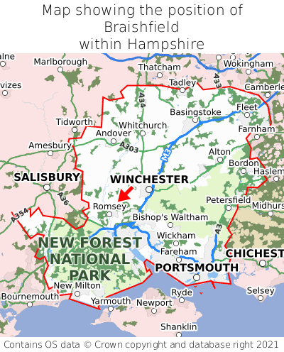 Map showing location of Braishfield within Hampshire