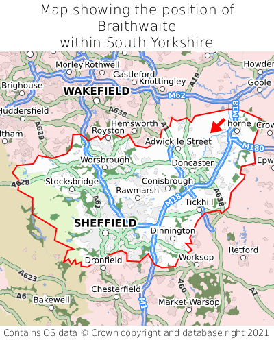 Map showing location of Braithwaite within South Yorkshire