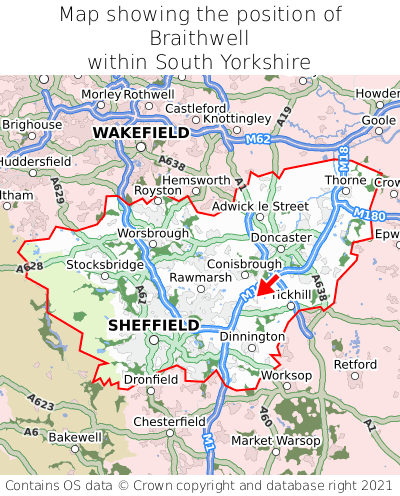 Map showing location of Braithwell within South Yorkshire