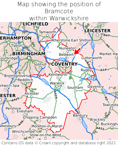 Map showing location of Bramcote within Warwickshire