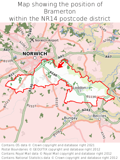Map showing location of Bramerton within NR14