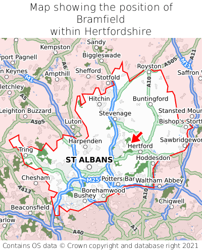 Map showing location of Bramfield within Hertfordshire