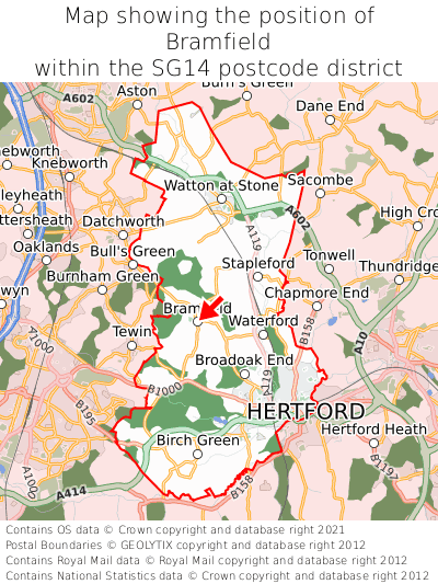 Map showing location of Bramfield within SG14