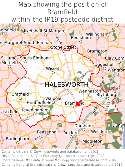 Map showing location of Bramfield within IP19