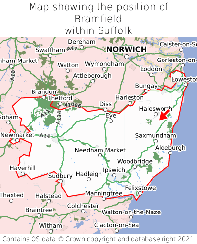 Map showing location of Bramfield within Suffolk