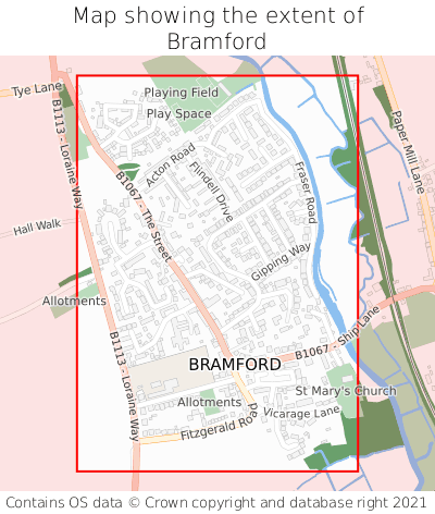 Map showing extent of Bramford as bounding box