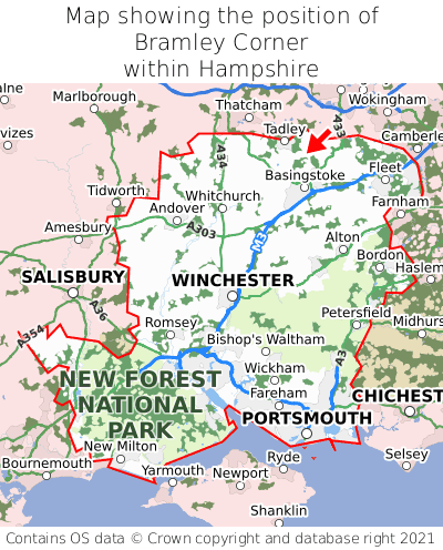 Map showing location of Bramley Corner within Hampshire