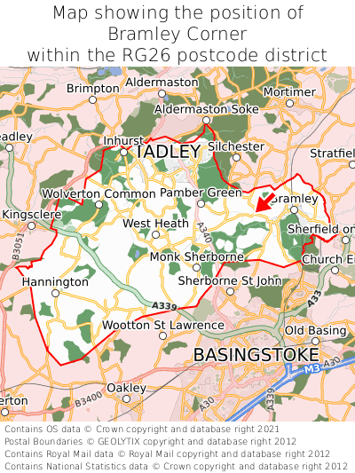 Map showing location of Bramley Corner within RG26