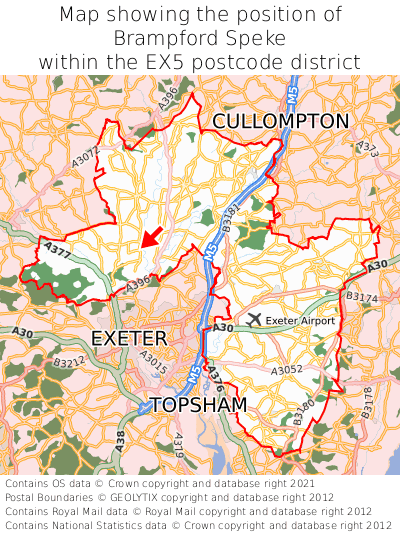 Map showing location of Brampford Speke within EX5