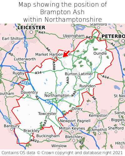 Map showing location of Brampton Ash within Northamptonshire