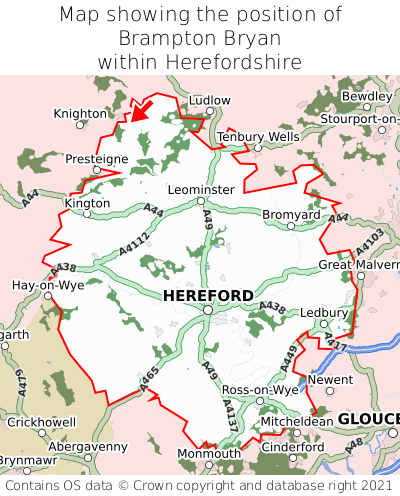 Map showing location of Brampton Bryan within Herefordshire