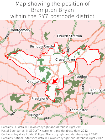Map showing location of Brampton Bryan within SY7