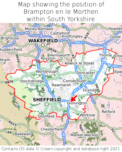 Map showing location of Brampton en le Morthen within South Yorkshire