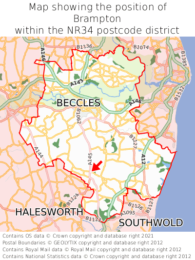 Map showing location of Brampton within NR34