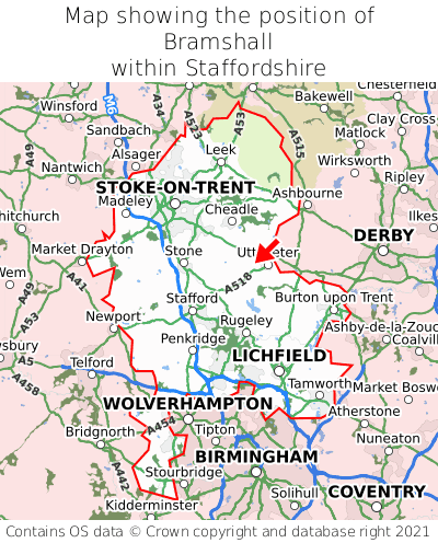 Map showing location of Bramshall within Staffordshire