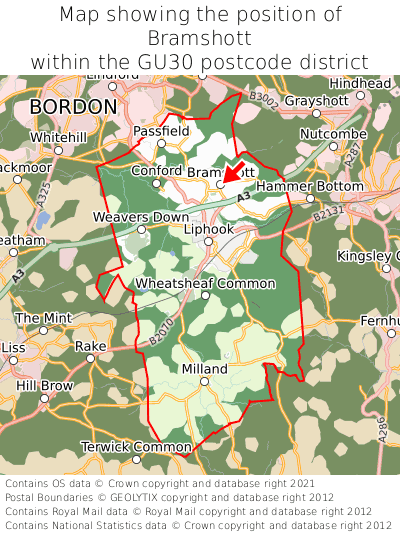 Map showing location of Bramshott within GU30