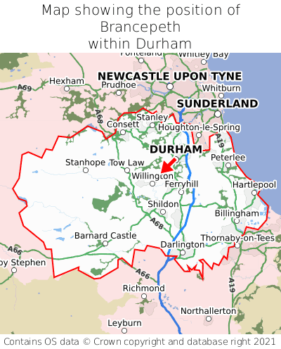 Map showing location of Brancepeth within Durham
