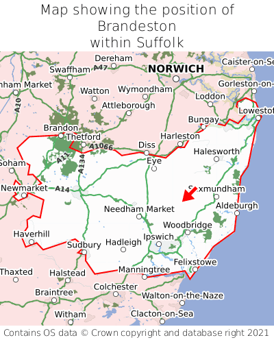 Map showing location of Brandeston within Suffolk