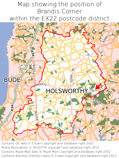 Map showing location of Brandis Corner within EX22