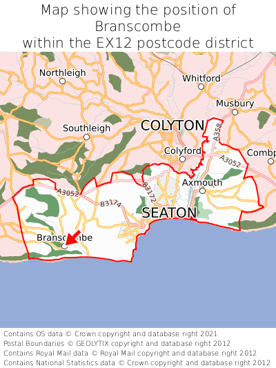 Map showing location of Branscombe within EX12