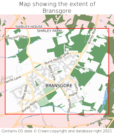 Map showing extent of Bransgore as bounding box