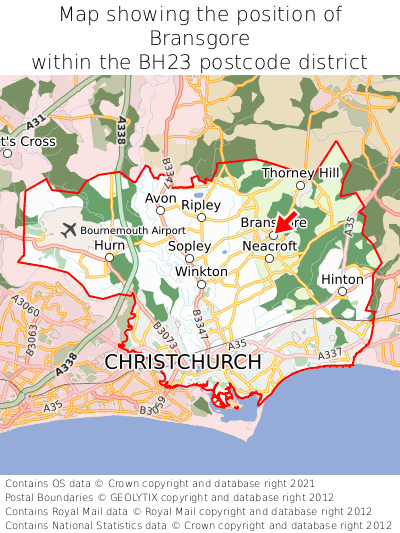 Map showing location of Bransgore within BH23