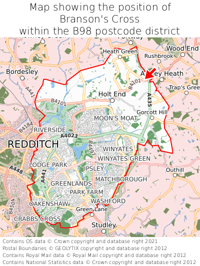 Map showing location of Branson's Cross within B98