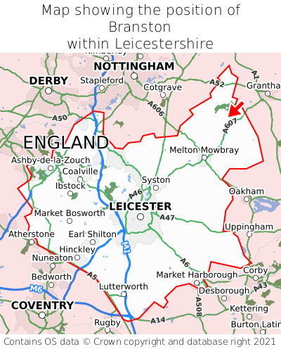 Map showing location of Branston within Leicestershire