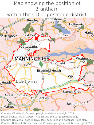 Map showing location of Brantham within CO11