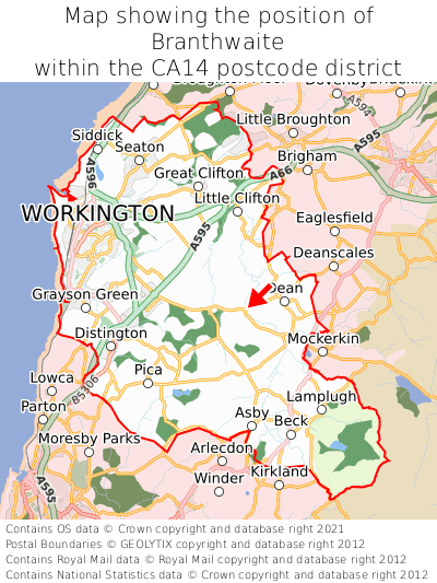 Map showing location of Branthwaite within CA14