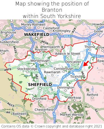 Map showing location of Branton within South Yorkshire