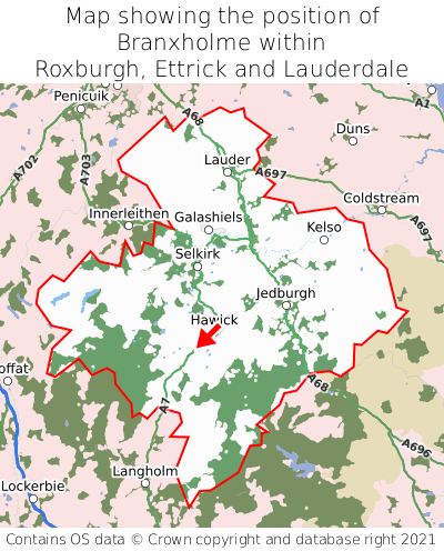 Map showing location of Branxholme within Roxburgh, Ettrick and Lauderdale