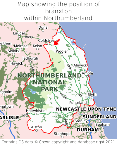 Map showing location of Branxton within Northumberland