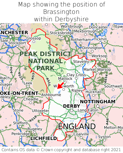 Map showing location of Brassington within Derbyshire