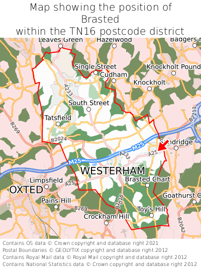 Map showing location of Brasted within TN16