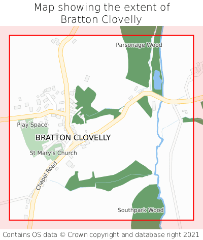 Map showing extent of Bratton Clovelly as bounding box