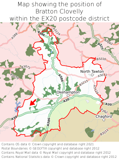 Map showing location of Bratton Clovelly within EX20