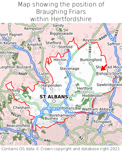 Map showing location of Braughing Friars within Hertfordshire