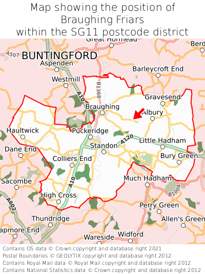 Map showing location of Braughing Friars within SG11