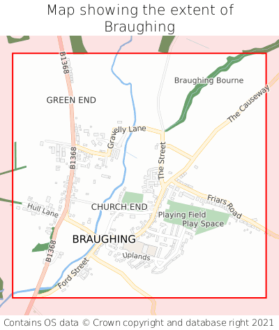 Map showing extent of Braughing as bounding box