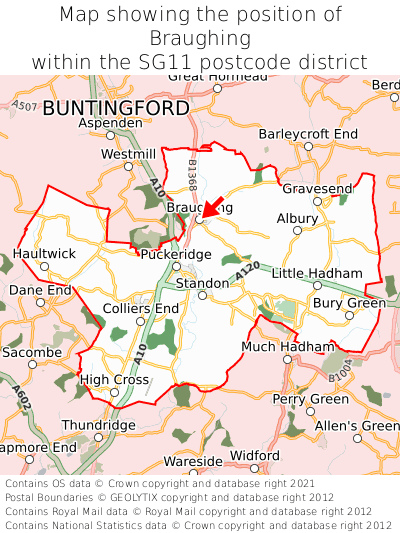 Map showing location of Braughing within SG11