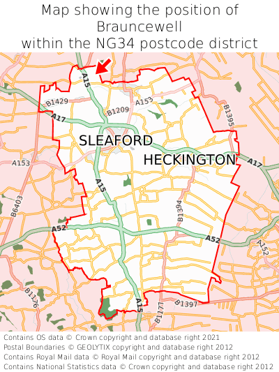 Map showing location of Brauncewell within NG34
